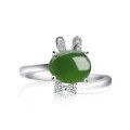 wholesale [925 Sterling Silver] Movable Adjustable Pure Silver Rabbit Natural Hetian Jade Ring for Women with Certificate, 925 Sterling Silver Inlaid with Green Jade Wholesale-0-0