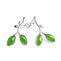 wholesale 925 Silver and Hetian Jade Green Leaf Earrings with Certificate, Pure Silver Small Leaf Bud Jade Earrings-0-4