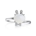 wholesale 925 Sterling Silver with Hetian Jade Inlaid Openable Adjustable Zodiac Rabbit Ring Birthday Gift for Women-0-0