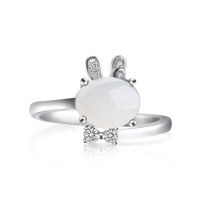wholesale 925 Sterling Silver with Hetian Jade Inlaid Openable Adjustable Zodiac Rabbit Ring Birthday Gift for Women-White jade 7*9mm opening adjustable