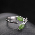 wholesale 925 Silver with Certificate Inlaid Hetian Jade Jasper Ring, Open Adjustable Jade Small Leaf Leaf Pure Silver Women's Ring-0-1