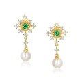 wholesale 925 Sterling Silver Japanese-style Light Luxury Niche Design Pearl Earrings with Emerald Gemstone, Minimalist Vintage Earrings-0-5