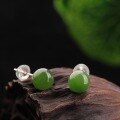 wholesale 925 Silver Inlaid with Hetian Jade Earrings, 8mm Bead Jasper Ear Studs for Women, Wholesale with Appraisal Certificate, Ancient Style-0-2