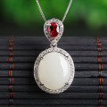 wholesale 925 Sterling Silver with Certificate Hetian Jade Pendant Fashionable Large Cabochon White Jade Pendant with Red Zircon for Women-0-0