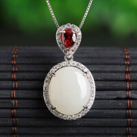 wholesale 925 Sterling Silver with Certificate Hetian Jade Pendant Fashionable Large Cabochon White Jade Pendant with Red Zircon for Women-White jade egg-shaped pendant 12*14mm (without chain)  925 silver