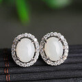 wholesale 925 Sterling Silver Inlaid with Hetian Jade Earrings, Comes with Certificate, Minimalist Ancient Style Hanfu Qipao Jade Ear Accessories White Jade Earrings-0-1
