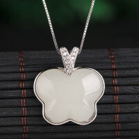wholesale 925 Sterling Silver Certificate Included Inlaid Hetian Jade Pendant Wholesale Vintage White Jade Butterfly Natural Gemstone Necklace-Butterfly pendant (without chain) >925 silver