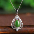 wholesale Sterling silver with natural jade pendant, hollowed-out pure silver jade necklace for women, ethnic style green jade pendant with certificate-0-0
