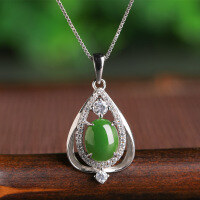 wholesale Sterling silver with natural jade pendant, hollowed-out pure silver jade necklace for women, ethnic style green jade pendant with certificate-Jadeite 7*9mm pendant (without chain)  925 silver