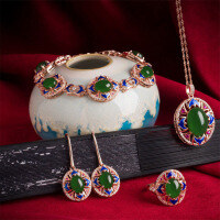 wholesale 925 Sterling Silver Plated Rose Gold with Certified Hetian Jasper Set, Cold Enamel Cloisonné Wedding Jewelry Four-Piece Set-Ring 925 silver