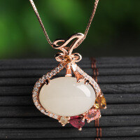 wholesale Rose Gold Plated 925 Silver Inlaid Fortuna Bag Hetian Jade Pendant for Women with Appraisal Certificate Ethnic Style Fortuna Bag Jade Necklace-White jade 10*14mm pendant (without chain)  925 silver