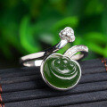 wholesale 925 Sterling Silver Inlaid with Hetian Jade Open-Ended Green Jade Ring for Women, Wholesale Jade Ruyi Silver-Wrapped Jade Ring-0-0