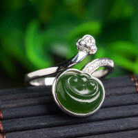 wholesale 925 Sterling Silver Inlaid with Hetian Jade Open-Ended Green Jade Ring for Women, Wholesale Jade Ruyi Silver-Wrapped Jade Ring-Jade 8*10mm Opening adjustable