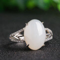 wholesale 925 silver adjustable women's ring with large cabochon Hetian jade, retro jade jewelry, comes with certificate-0-0