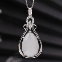 wholesale 925 Silver with Certificate, Waterdrop Hetian Jade Pendant Necklace, Wholesale Ethnic Style Large Jade Pendant, White Jade Ornament-White jade water drop pendant 9*13mm (without chain)  925 silver
