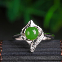 wholesale 925 Silver Inlaid Green Jade Half-Round Ring, Fashion Minimalist Green Jade Ring Wholesale, Hetian Jade Open-Ended Women's Ring-Jade 6*6mm Opening adjustable