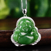 wholesale 925 Sterling Silver Mounted Hetian Green Jade Pendant Necklace with Laughing Maitreya Buddha and Certificate-Jade Buddha Pendant 22*23mm (without chain)  925 silver