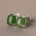wholesale 925 Sterling Silver Claw-Set Hetian Jade Earrings for Women with Certificate, Fashionable Cabochon Jasper Stud Earrings, Minimalist Sterling Silver Earrings-0-3