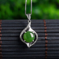 wholesale 925 Sterling Silver Inlaid Green Jade Pendant with Appraisal Certificate, Guochao Retro Style Hetian Jade Pendant-Jadeite 6*6mm pendant (without chain)  925 silver