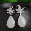 wholesale 925 Sterling Silver New Chinese Style Hetian Jade Earrings for Women, with Certificate, Fashionable Maple Leaf White Jade Teardrop Jade Earrings-0-0