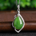 wholesale 925 Silver Inlaid Hetian Jade Pendant Water Drop Green Jade Jewelry with Certificate Retro Style Green Necklace for Women-0-0