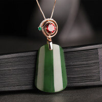 wholesale Rose gold plated 925 silver with Hetian jade pendant, certified, garnet inlaid jade plaque pendant necklace for women-Light green pendant (without chain)