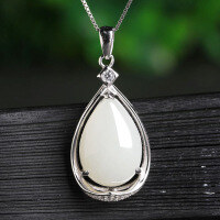 wholesale 925 Silver Inlaid Hetian Jade Pendant with Certificate, Retro Ethnic Style Hanfu Necklace, Waterdrop Gemstone Necklace-White jade 17*11mm pendant (without chain)  925 silver