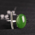 wholesale 925 Sterling Silver Inlaid Jasper Ring Certificate, Fashionable Natural Green Jade Stone Ring Cabochon Hetian Jade Openable Women's Ring-0-0
