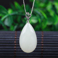 wholesale 925 Sterling Silver Pendant with Long Teardrop Hetian Jade Inlay, Elegant White Jade Pendant for Women, Comes with Appraisal Certificate-0-0