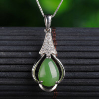 wholesale 925 Sterling Silver Wholesale Ethnic Style Inlaid with Hetian Jade Pendant with Certificate, Green Jade Teardrop-shaped Pendant for Women-Pendant + Necklace 925 Silver