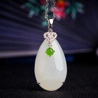 wholesale 925 Silver Inlaid Hetian Jade Pendant with Certificate, Wholesale Jade Bead Necklace, Ancient Style Green Jade Bead, Waterdrop White Jade Pendant for Women-White jade 14*17 pendant (without chain)  925 silver