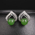 wholesale 925 sterling silver inlaid with green round jade beads, New Chinese retro-style Hetian jade earrings with certificate-0-0