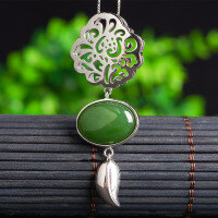 wholesale Sterling Silver Inlaid with Hetian Jasper Pendant Natural, Direct from Manufacturer Ethnic Style Leaf Vintage Totem Necklace Pendant-Jadeite 13*18mm Pendant without Chain 925 Silver