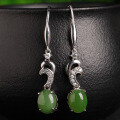 wholesale 925 Silver Jasper Ear Hooks with Certificate, Wholesale Ancient Style Silver Moon Hetian Jade Earrings Ethnic Green Jade Earrings-0-0