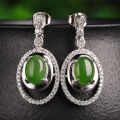 wholesale 925 Sterling Silver Inlaid with Hetian Jade Bead Earrings with Certificate, Hollow-Out Ethnic Style Green Jade Ear Studs for Women-0-0