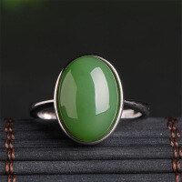 wholesale 925 Silver Inlaid Green Jade Ring with Appraisal Certificate, Large Cabochon Green Jade Ring, Hetian Jade Women's Ring, Openable-Jade 12*16mm Opening adjustable
