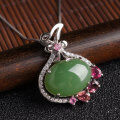 wholesale 925 Sterling Silver with Certificate Jade Pendant, Ancient Style Inlaid with Tourmaline and Hetian Jade Fortune Bag Purse Wealth Attracting Pendant Necklace-0-1