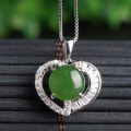 wholesale 925 Silver Inlaid Semi-Circular Green Jade Pendant with Appraisal Certificate, Hollow-Out Heart-Shaped Vintage Jade Necklace for Women-0-0