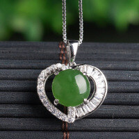 wholesale 925 Silver Inlaid Semi-Circular Green Jade Pendant with Appraisal Certificate, Hollow-Out Heart-Shaped Vintage Jade Necklace for Women-Jadeite 8*8mm pendant (without chain)  925 silver