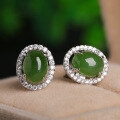 wholesale 925 silver inlaid with simple antique-style jade earrings, featuring a cabochon-cut Hetian jade, accompanied by an appraisal certificate-0-0
