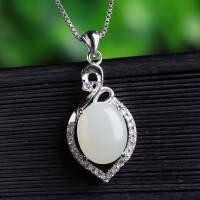 wholesale 925 sterling silver inlaid with antique-style Hetian jade pendant featuring a cabochon white jade, comes with certificate, women's small necklace accessory-White jade 8*10mm pendant (without chain) >925 silver