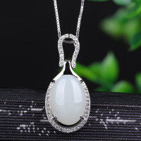 wholesale 925 Silver Egg-shaped Pendant with Egg-faced Hetian Jade, Fashionable Women's Jade Pendant Necklace Jewelry Wholesale-10*14mm white jade pendant (without chain) >925 silver