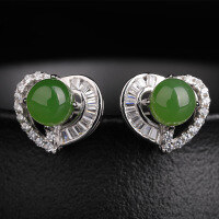 wholesale 925 Sterling Silver Simple Hetian Jade Earrings for Women with Certificate, Heart-shaped Inlaid Bead Jade Ear Studs, Ancient Style Ear Accessories-Jasper beads 6*6mm 925 silver