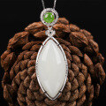 wholesale 925 Sterling Silver Inlaid with Hetian Jade Pendant with Certificate, Factory Direct, National Trend Retro Style, White Jade Marquise Olive-Shaped Necklace-0-0
