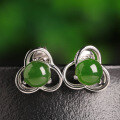 wholesale 925 Sterling Silver Inlaid with Green Hetian Jade Flower Earrings for Women, Comes with Certificate-0-0