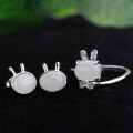wholesale 925 Sterling Silver with Certificate, Tianshan Jade Earrings for Women, Light Luxury, Zodiac Rabbit, Inlaid Jade Earrings and Studs-0-2