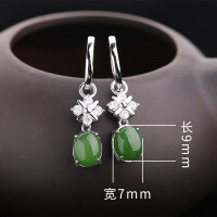 wholesale Wholesale vintage ethnic style 925 sterling silver inlaid Hetian jade earrings for women with certificate-8*10mm Jasper Cabochon>925 Silver