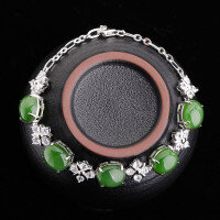 wholesale 925 Sterling Silver Inlaid with Natural Green Gemstone Evening Dress Egg-Surface Hetian Jasper Bracelet for Women-8*10mm Jasper Cabochon 925 Silver