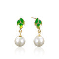 wholesale S925 Silver Gold-Plated Beaded Pearl Earrings with Green Enamel Leaf Design for Women-0-4