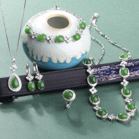 wholesale 925 Sterling Silver with Certificate Inlaid Light Luxury Premium Hetian Jadeite Ring Earrings Pendant Necklace Four-Piece Set-Jasper Ring 925 Silver